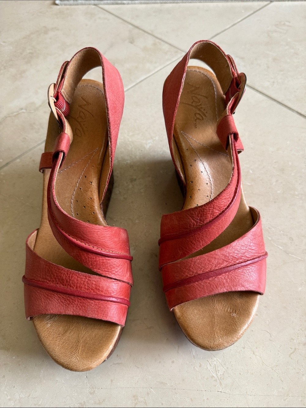 Naot Coral-Red Leather Slingback Sandals